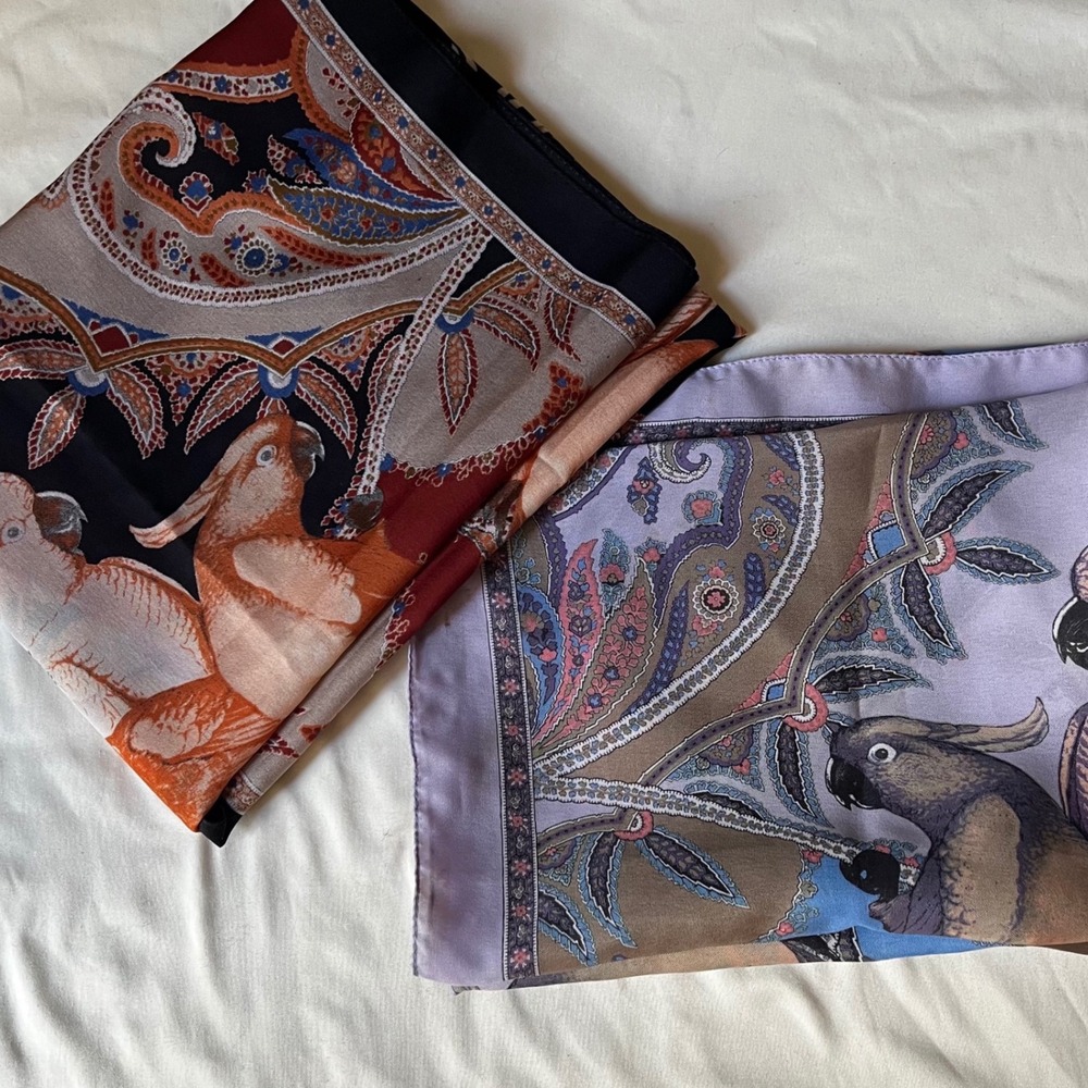 Lot of 2 Vintage Cockatoo Parrot Bird Scarves Paisley Square 34x34 Polyester